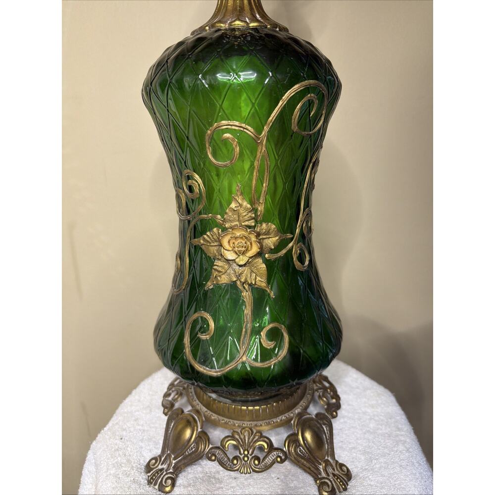 Table Lamp Green Diamond Glass Hollywood Regency MCM Antique Rose Tokyo Japan - Picture 6 of 16
